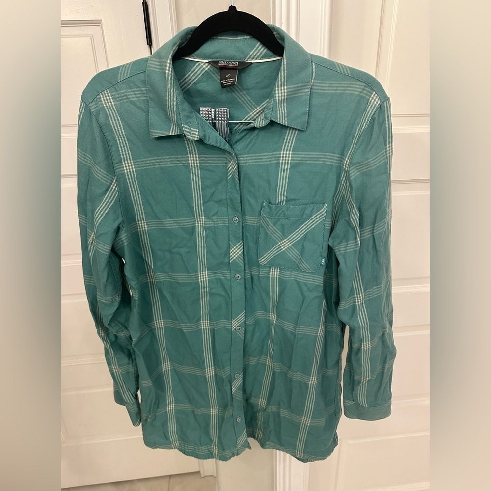 Outdoor Research Cedar Cove Tunic Plaid Flannel Button Down Shirt Women L Green